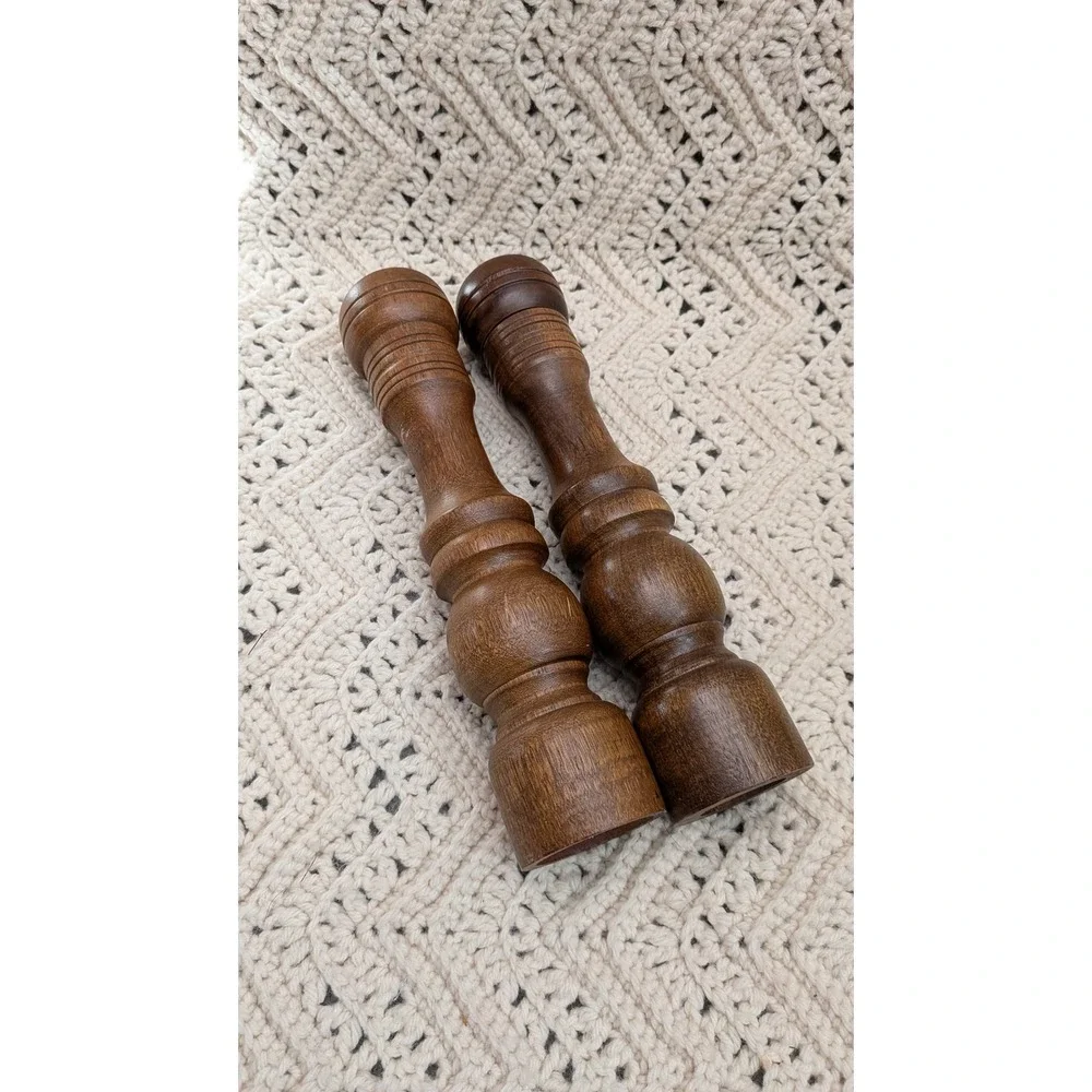 Vintage MCM Wooden Salt & Pepper Mill Set Dark Brown Tall Turned Wood 10.5 Inch
